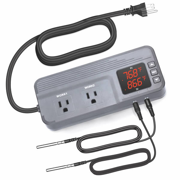 Plug-in Digital Dual Temperature Controller temperature, thermostat, dual, control, controller, humidistat, humidify, dehumidify, portable, plug, in, prewired