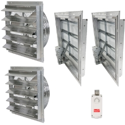 Dual Exhaust Fan Systems fan, cooling, greenhouse, shop, exhaust, ventilation, package, garage, shutter, louvered, automatic, thermostat, 8008, 8008100, 8008105, 8008110, 8008115, 800567